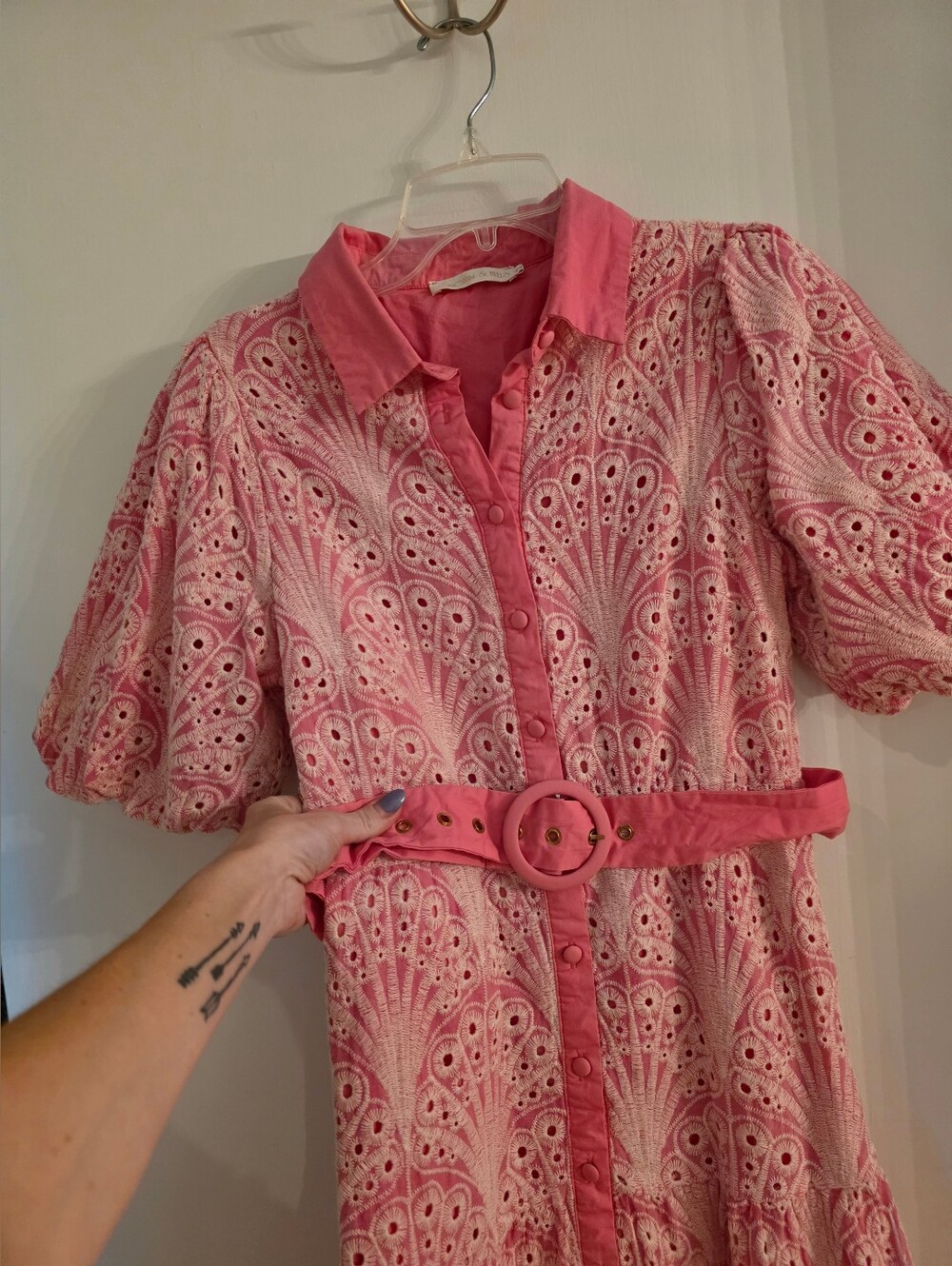 Pink Eyelet Shirt Dress with Tie Waist - Picture 2 of 6
